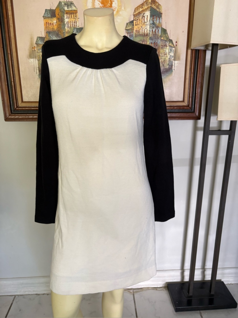 Milly of New York Black and White Wool Long-Sleeve Shift Dress Size Medium